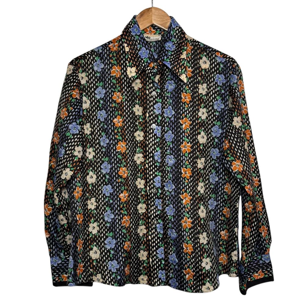 Vintage 1970s Kmart Dagger Collar Floral Button Up Blouse Size 40 XL